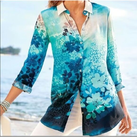 Soft Surroundings "Jolene" Blue Ombre Floral 100% Silk Button Up Blouse Small P. - Picture 1 of 8